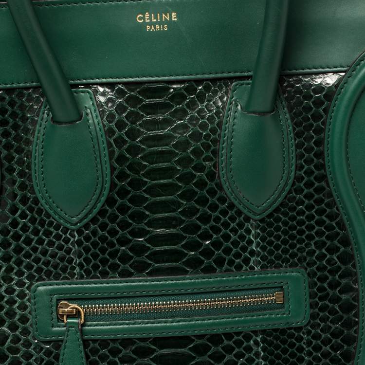 Pre Owned Celine Dark Green Python and Leather Mini Luggage Tote