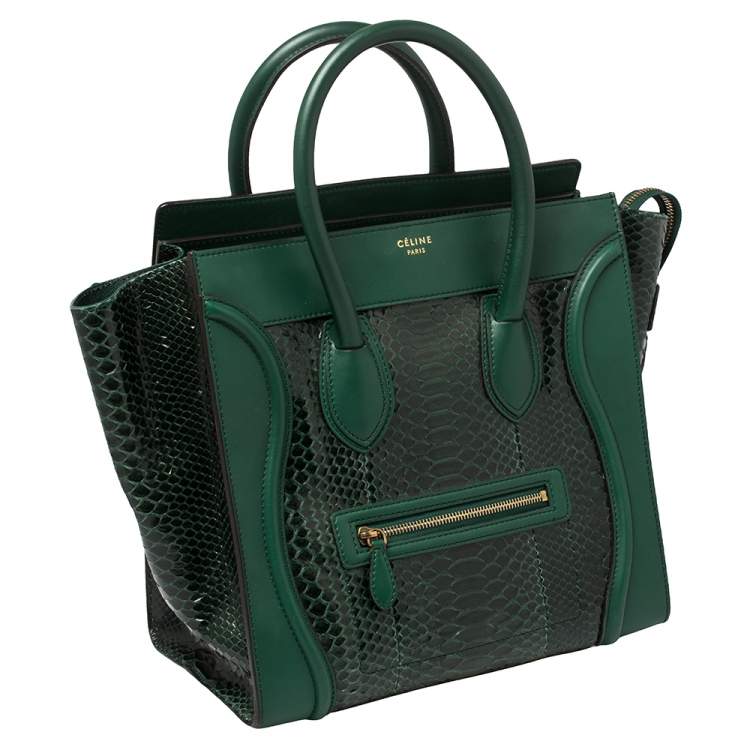 Pre Owned Celine Dark Green Python and Leather Mini Luggage Tote