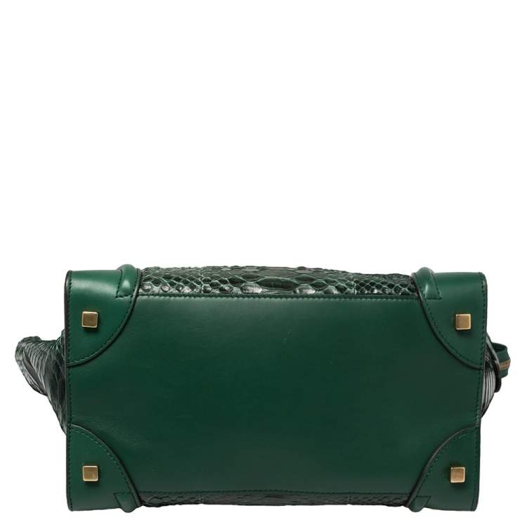 Pre Owned Celine Dark Green Python and Leather Mini Luggage Tote