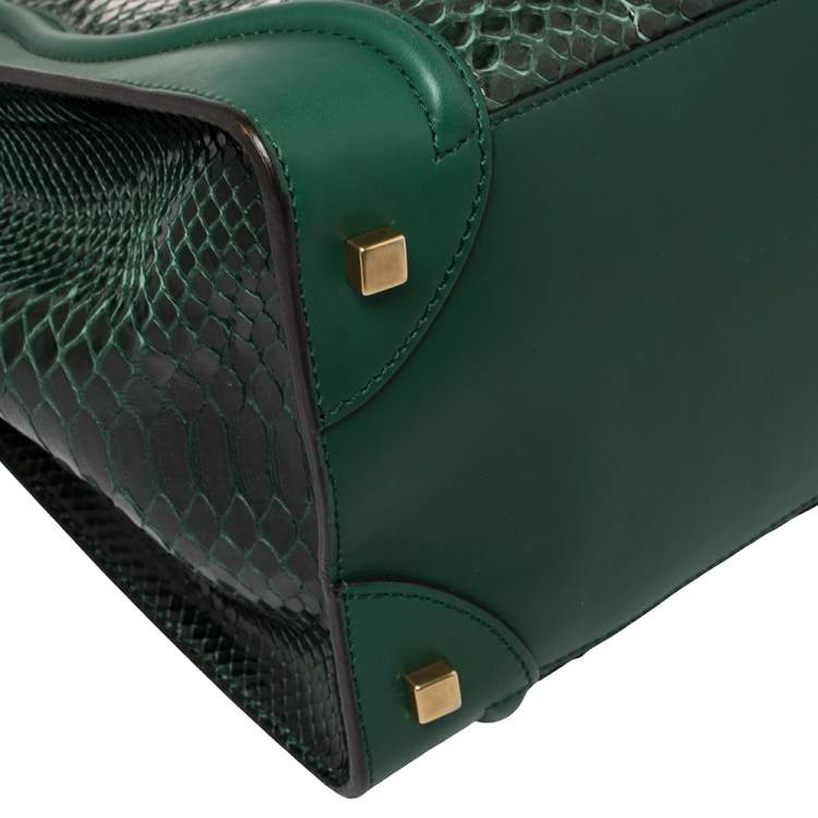 Pre Owned Celine Dark Green Python and Leather Mini Luggage Tote