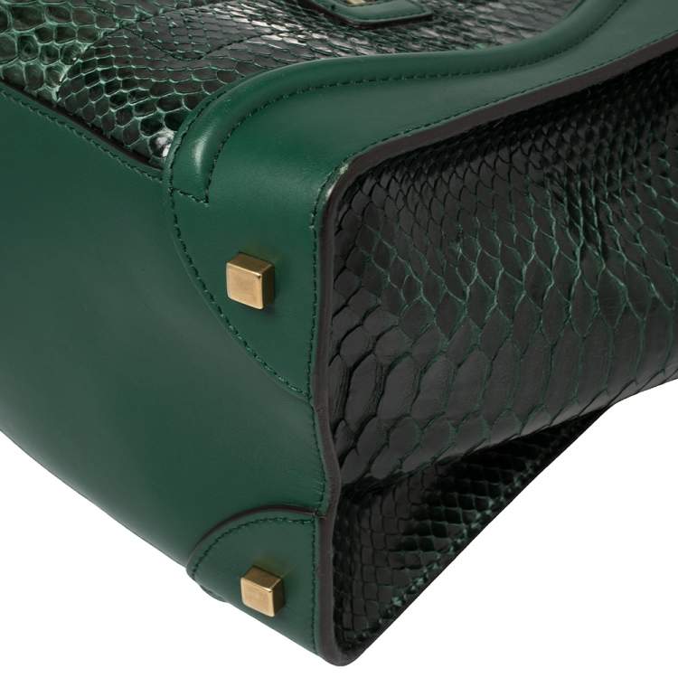 Pre Owned Celine Dark Green Python and Leather Mini Luggage Tote