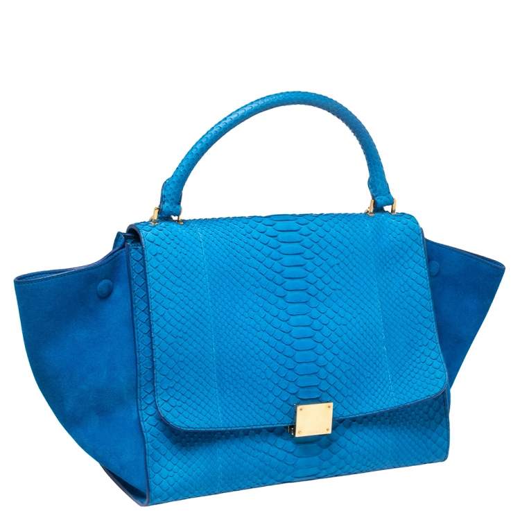 Pre Owned Celine Blue Python and Suede Medium Trapeze Top Handle Bag
