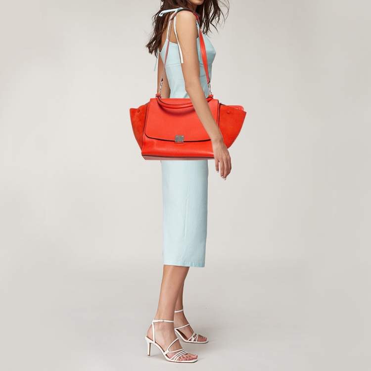 Pre Owned Celine Orange Leather and Suede Medium Trapeze Bag