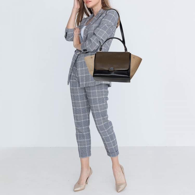 Pre Owned Celine Tri Color Leather and Canvas Medium Trapeze Bag