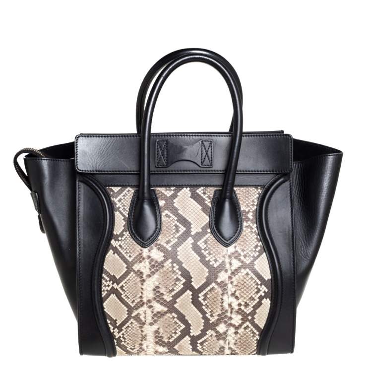 Pre Owned Celine Black/Beige Python and Leather Mini Luggage Tote