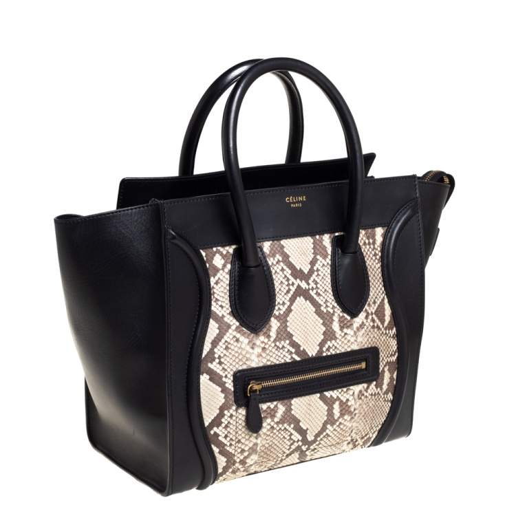 Pre Owned Celine Black/Beige Python and Leather Mini Luggage Tote