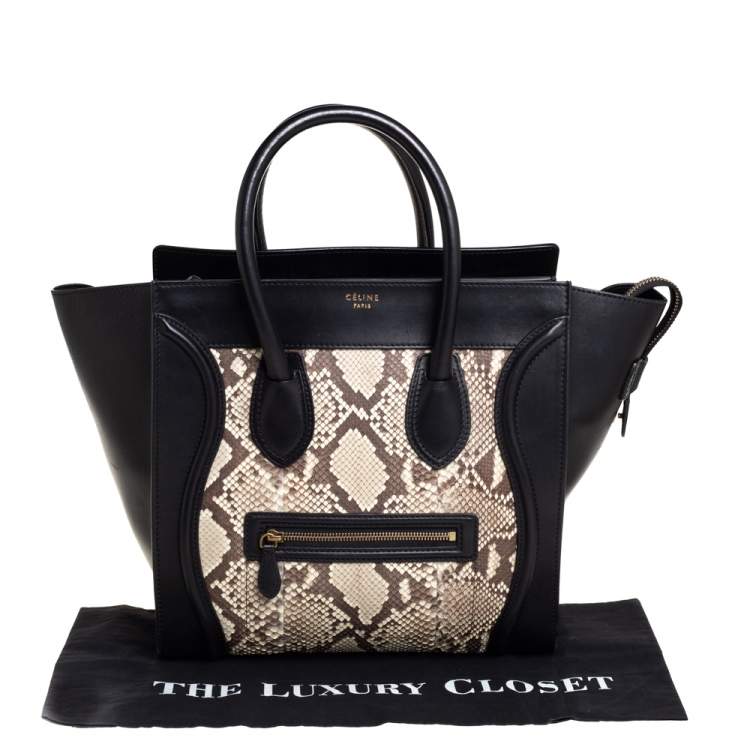 Pre Owned Celine Black/Beige Python and Leather Mini Luggage Tote