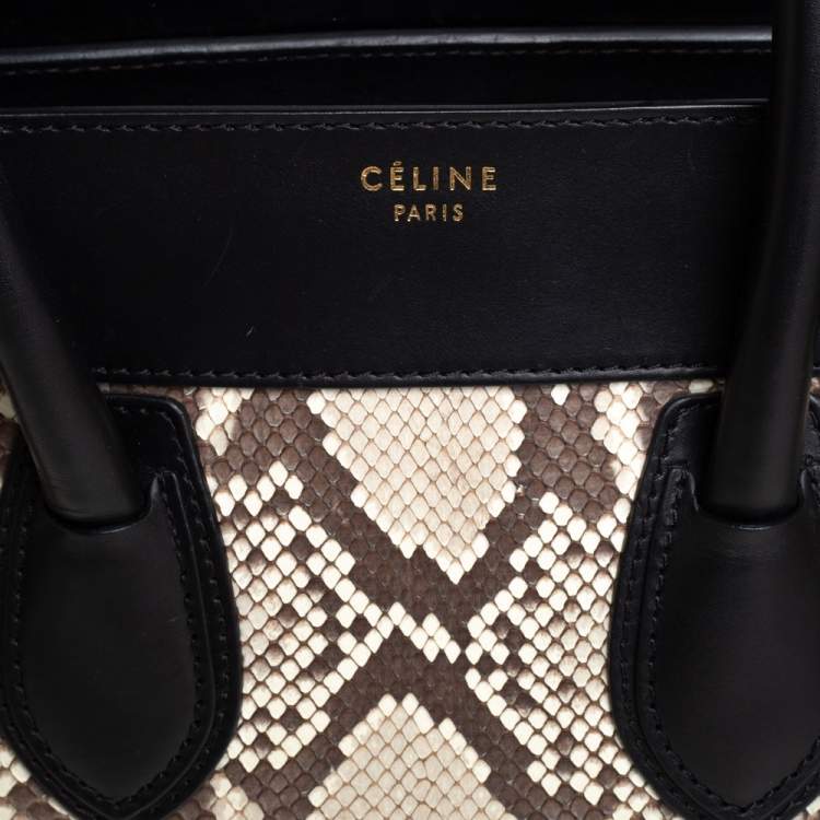 Pre Owned Celine Black/Beige Python and Leather Mini Luggage Tote