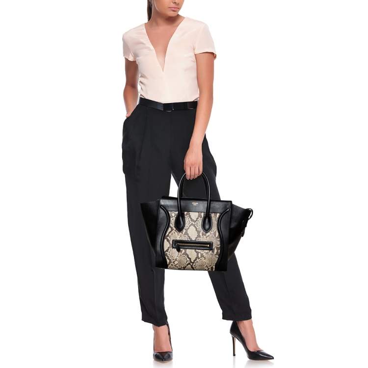 Pre Owned Celine Black/Beige Python and Leather Mini Luggage Tote