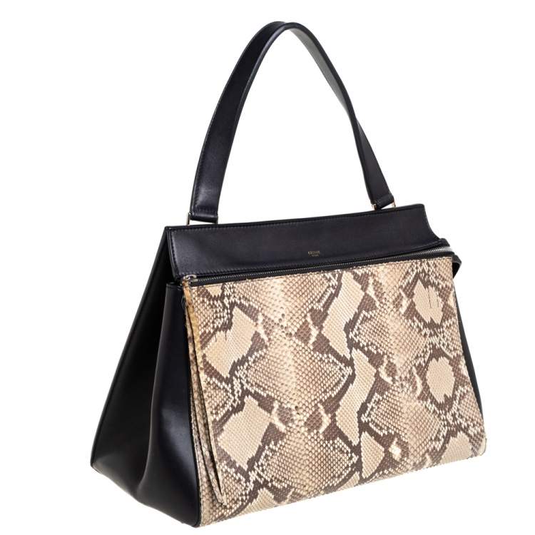 Pre Owned Celine Black/Beige Python and Leather Medium Edge Top Handle Bag
