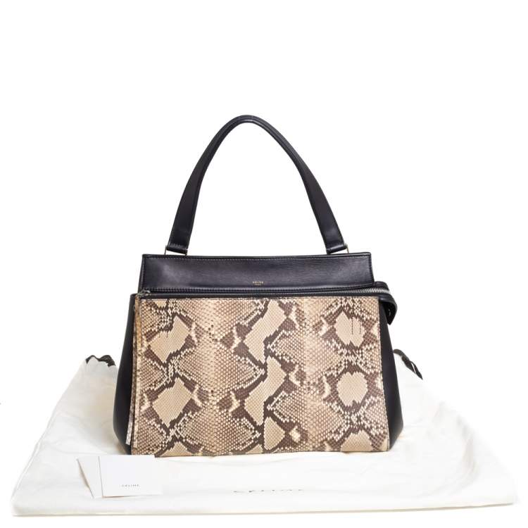 Pre Owned Celine Black/Beige Python and Leather Medium Edge Top Handle Bag