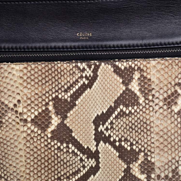 Pre Owned Celine Black/Beige Python and Leather Medium Edge Top Handle Bag