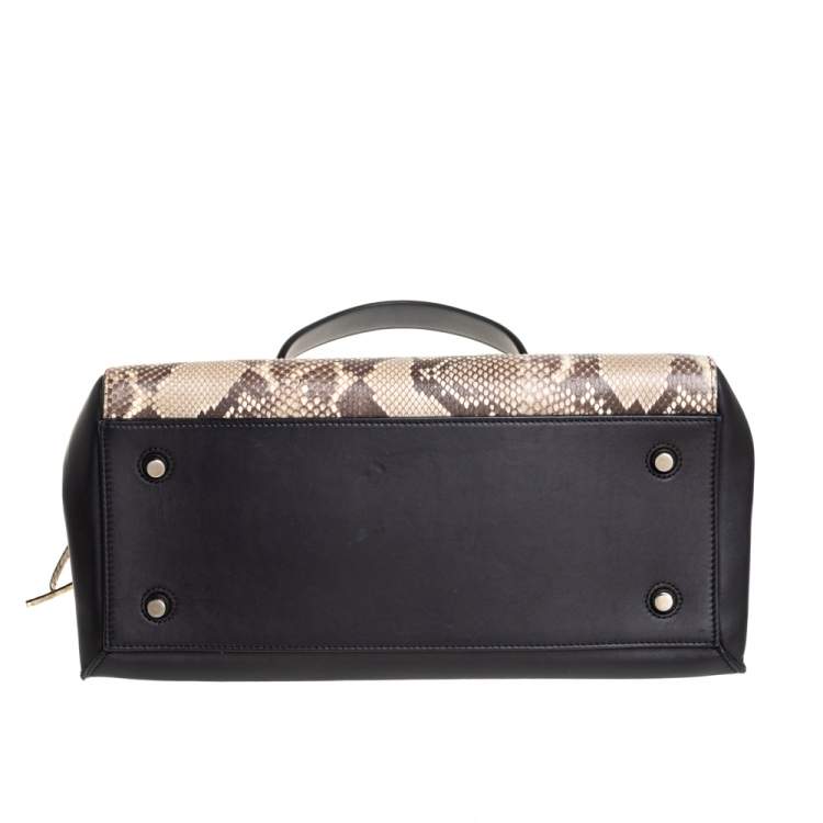 Pre Owned Celine Black/Beige Python and Leather Medium Edge Top Handle Bag