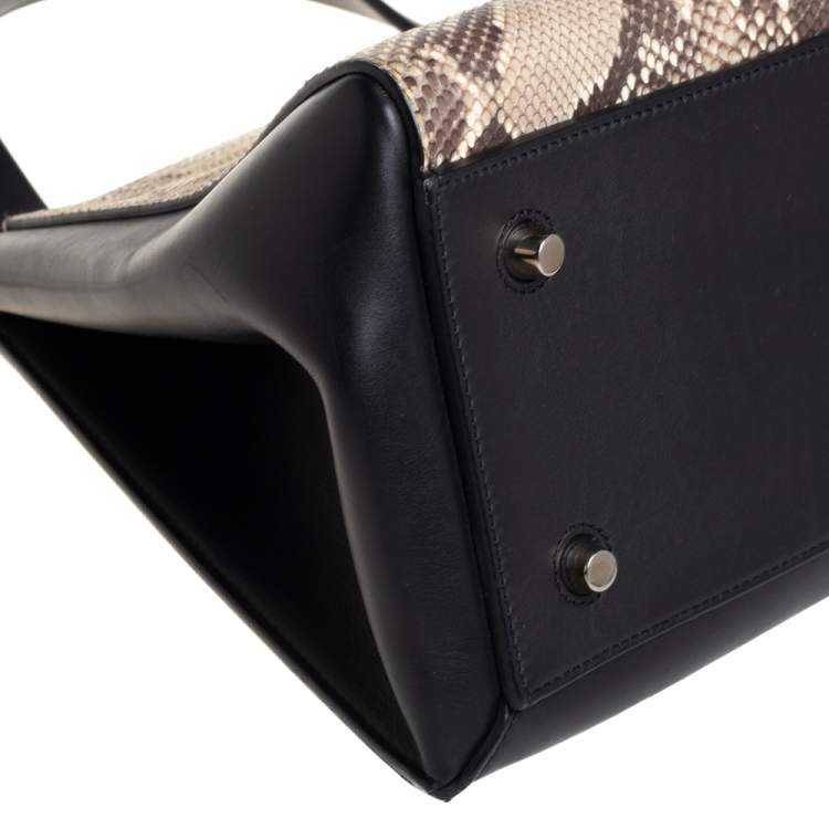 Pre Owned Celine Black/Beige Python and Leather Medium Edge Top Handle Bag