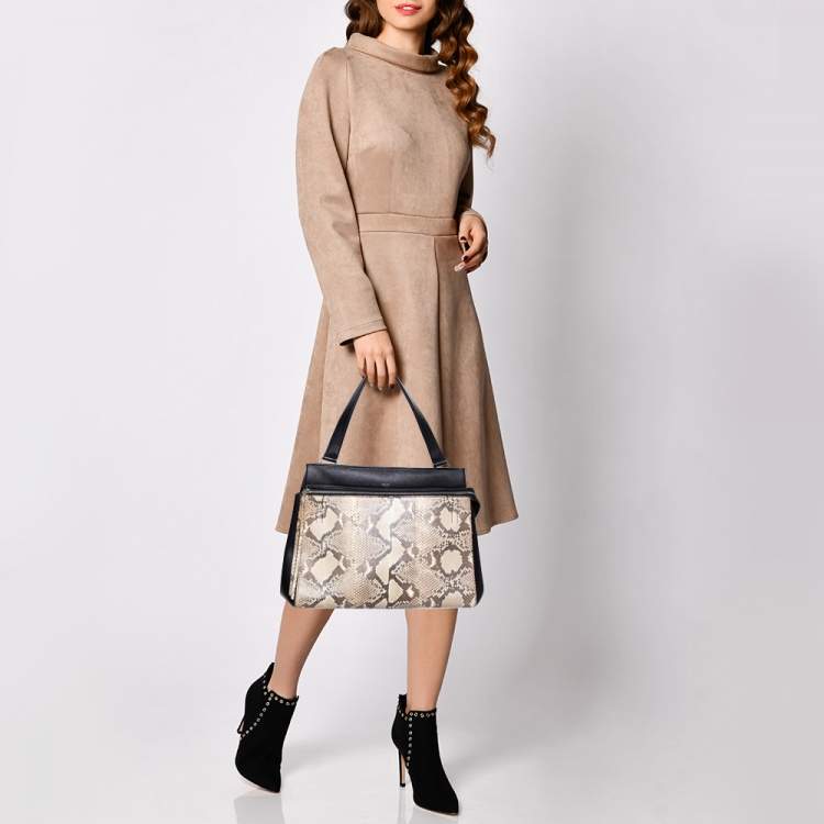 Pre Owned Celine Black/Beige Python and Leather Medium Edge Top Handle Bag