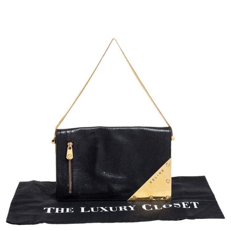 Pre Owned Celine Black Textured Leather Chain Handle Clutch