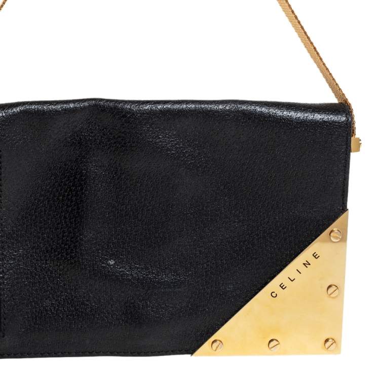 Pre Owned Celine Black Textured Leather Chain Handle Clutch