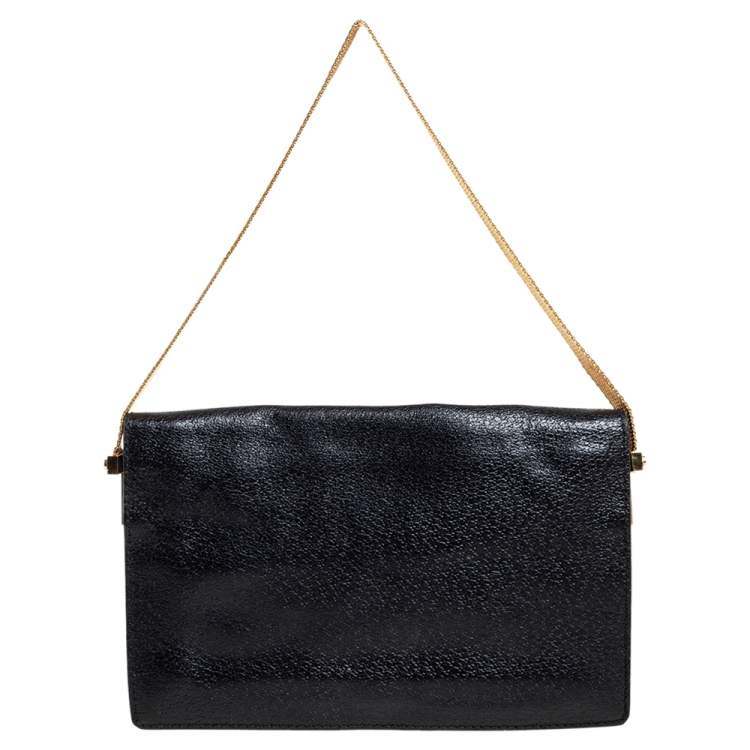 Pre Owned Celine Black Textured Leather Chain Handle Clutch