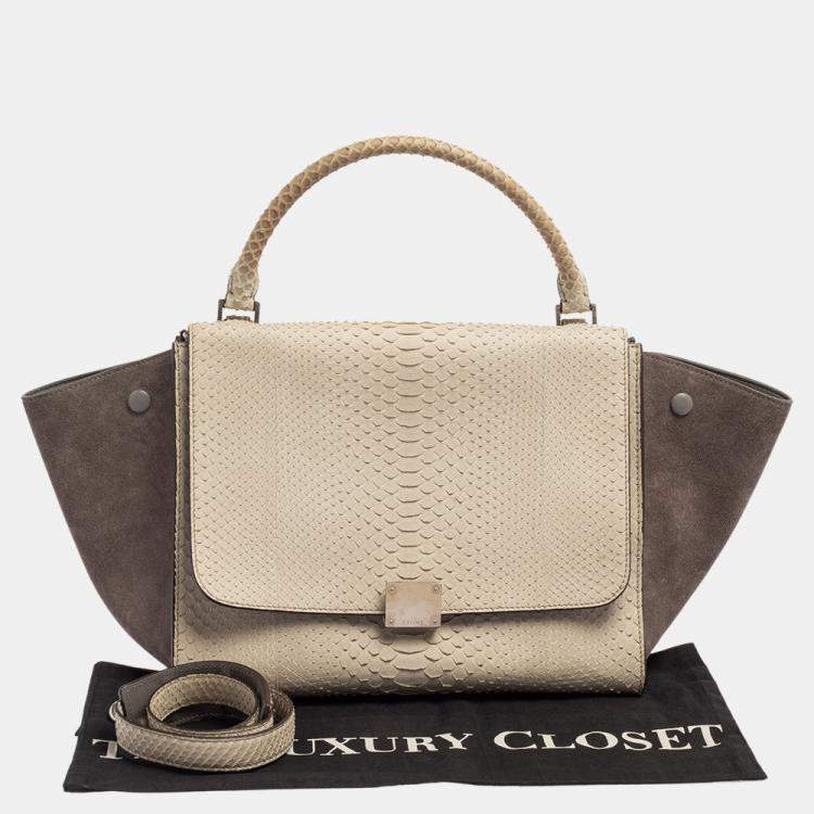 Pre Owned Celine Two Tone Grey Python and Suede Medium Trapeze Top Handle Bag