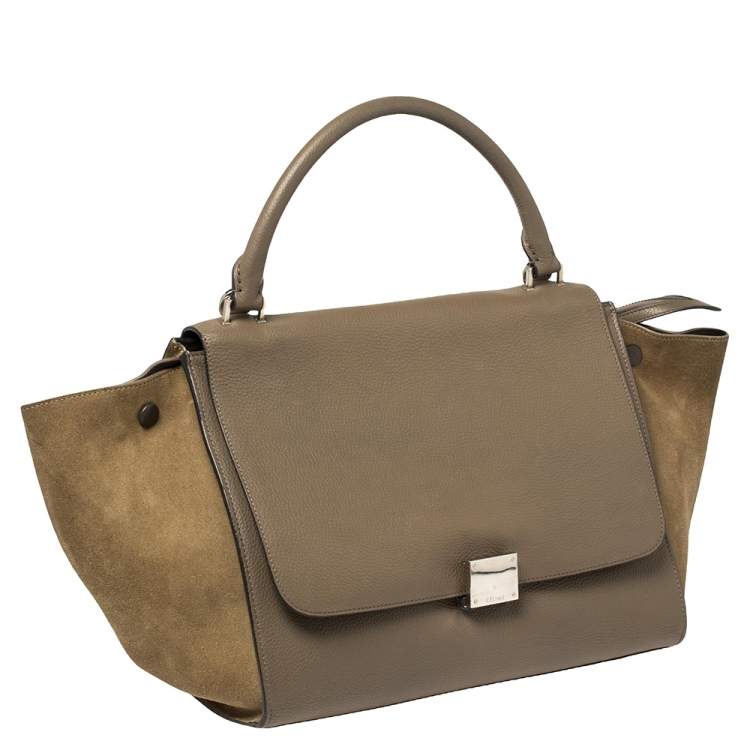 Pre Owned Celine Khaki Green Leather and Suede Medium Trapeze Top Handle Bag