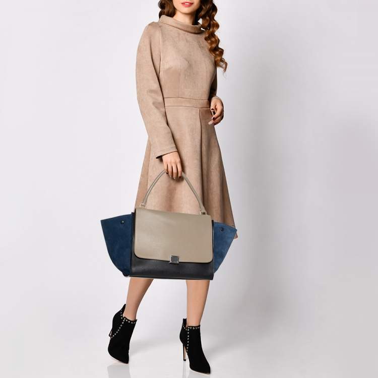 مملوكة مسبقًا Celine Tricolor Leather and Suede Large Trapeze Top Handle Bag