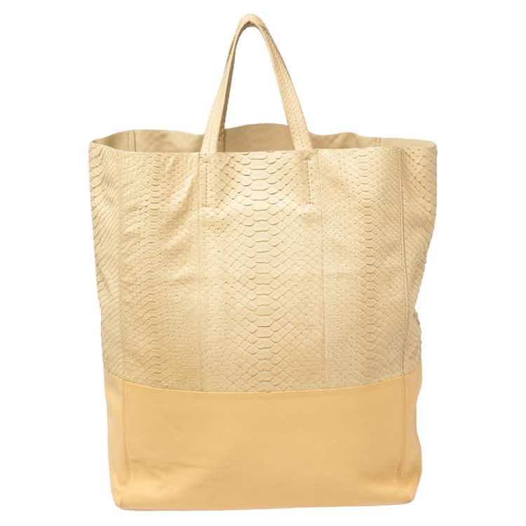 Pre Owned Celine Cream/Yellow Python and Leather Vertical Cabas Tote