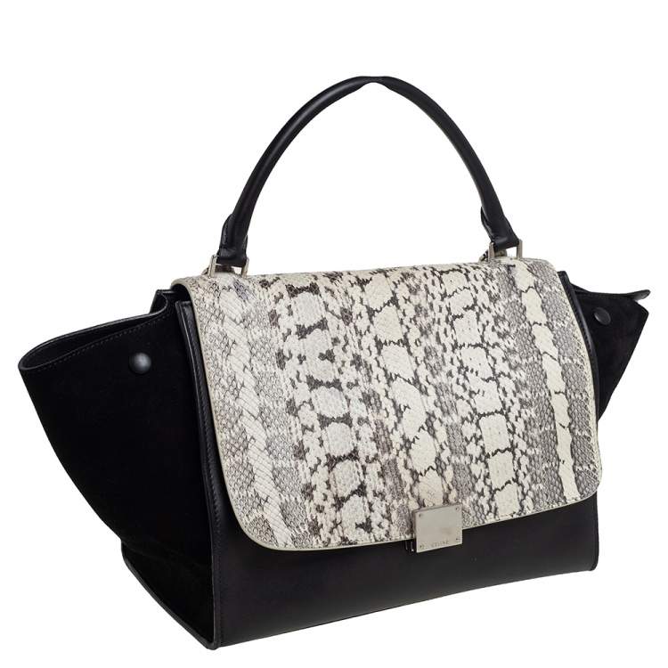 Pre Owned Celine Black Leather, Suede and Python Medium Trapeze Top Handle Bag