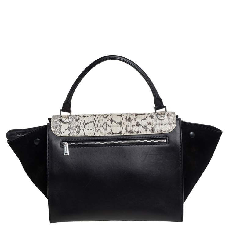 Pre Owned Celine Black Leather, Suede and Python Medium Trapeze Top Handle Bag