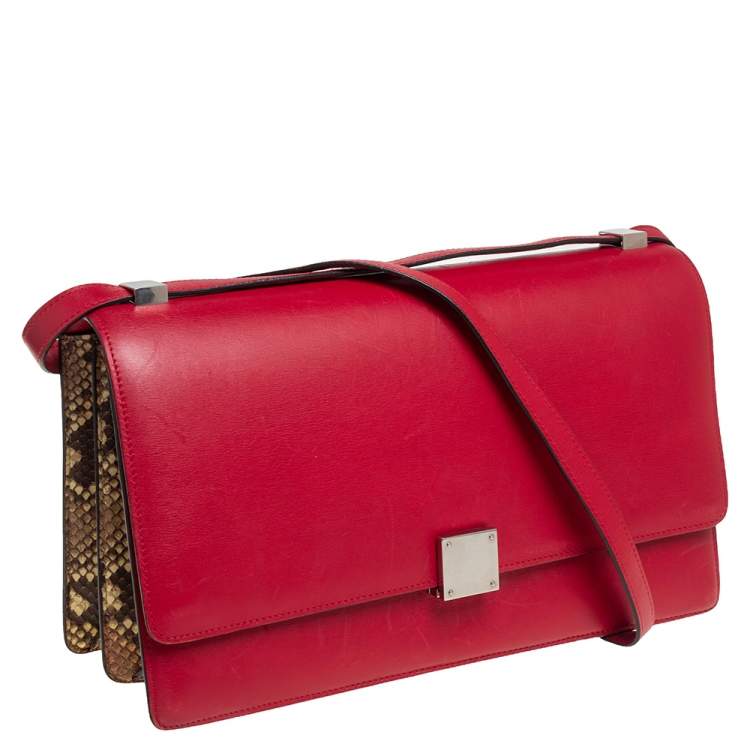 Pre Owned Celine Red/Brown Python and Leather Medium Case Flap Shoulder Bag
