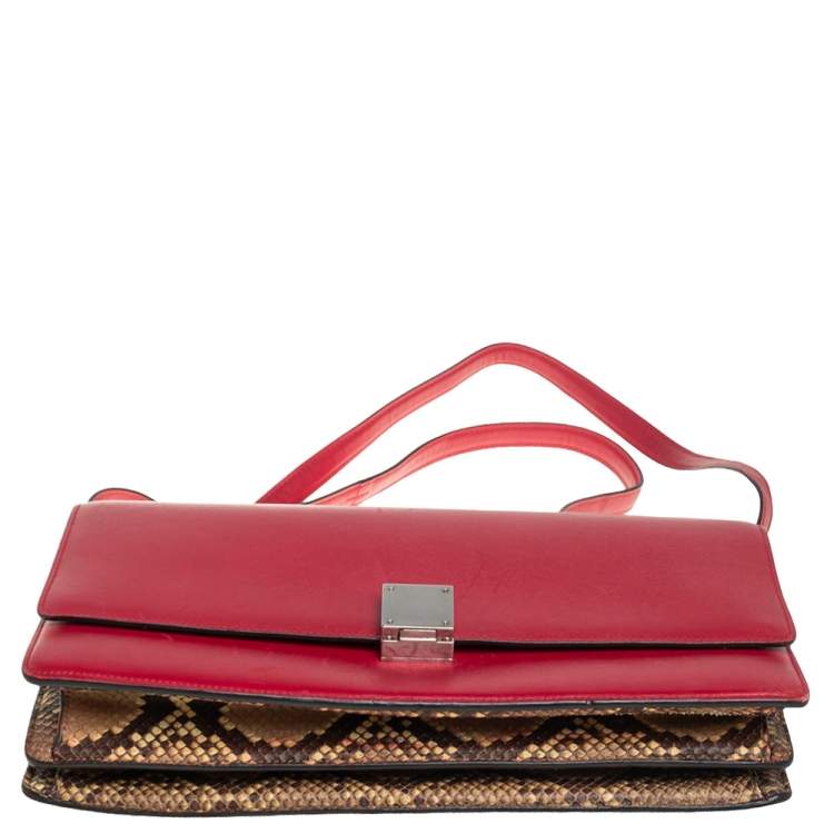 Pre Owned Celine Red/Brown Python and Leather Medium Case Flap Shoulder Bag