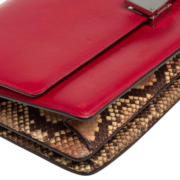 Pre Owned Celine Red/Brown Python and Leather Medium Case Flap Shoulder Bag