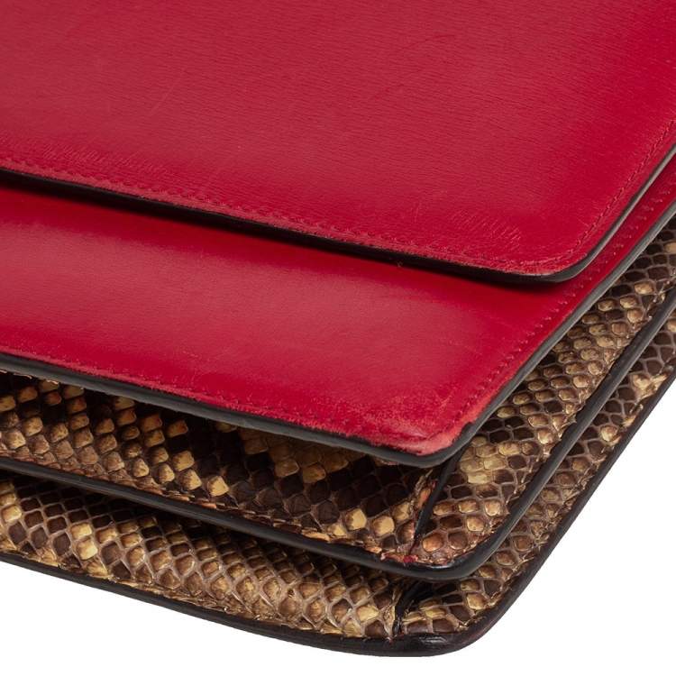 Pre Owned Celine Red/Brown Python and Leather Medium Case Flap Shoulder Bag