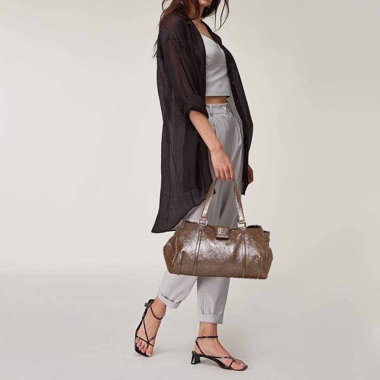 Pre Owned Celine Brown Glitter Leather Front Flap Satchel