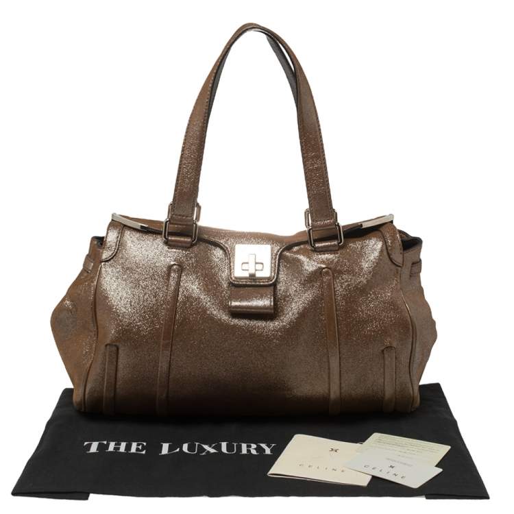 Pre Owned Celine Brown Glitter Leather Front Flap Satchel