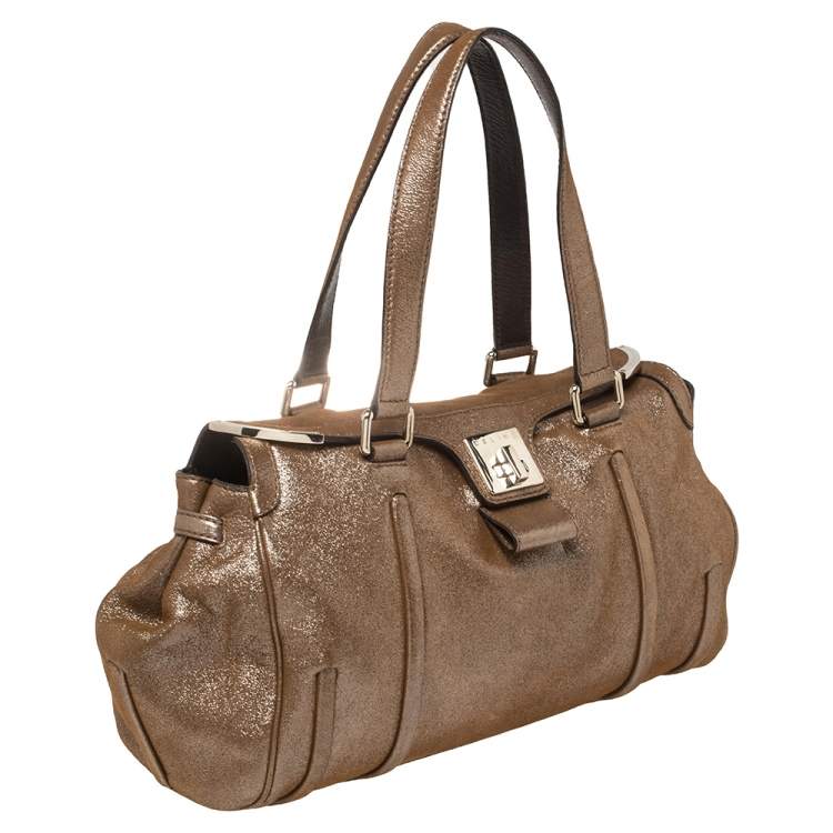 Pre Owned Celine Brown Glitter Leather Front Flap Satchel