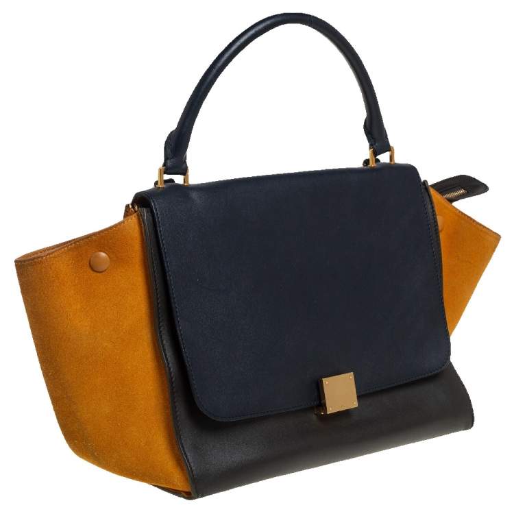 Pre Owned Celine Tri Color Leather and Suede Medium Trapeze Top Handle Bag