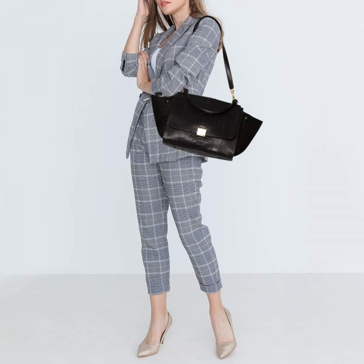 Pre Owned Celine Black Python and Suede Medium Trapeze Top Handle Bag