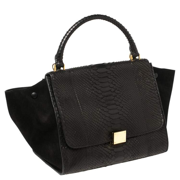 Pre Owned Celine Black Python and Suede Medium Trapeze Top Handle Bag