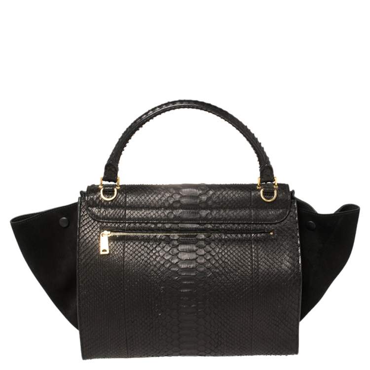 Pre Owned Celine Black Python and Suede Medium Trapeze Top Handle Bag
