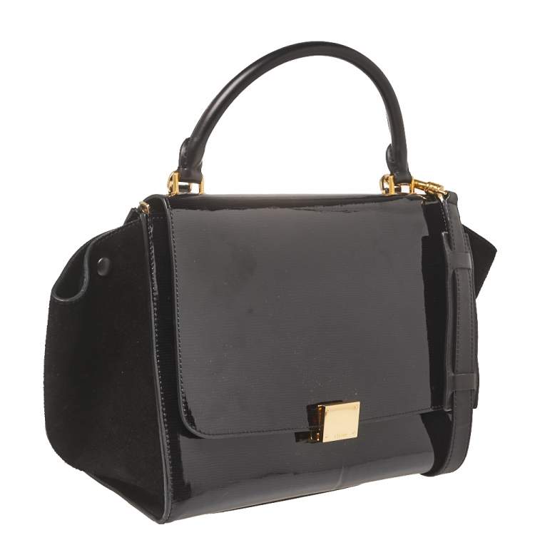 مملوكة مسبقًا Celine Black Patent Leather and Suede Medium Trapeze Top Handle Bag