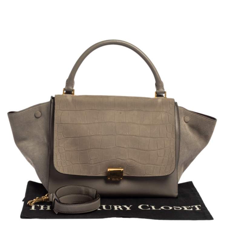 Pre Owned Celine Grey Croc Embossed Leather and Suede Medium Trapeze Top Handle Bag