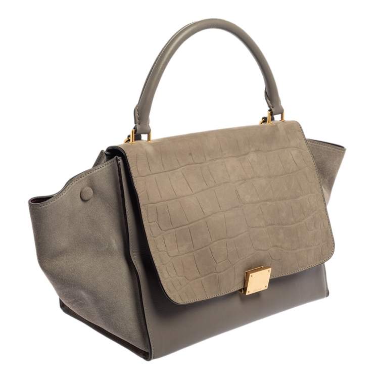Pre Owned Celine Grey Croc Embossed Leather and Suede Medium Trapeze Top Handle Bag