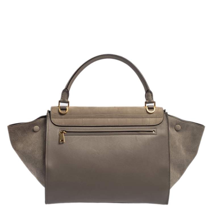 Pre Owned Celine Grey Croc Embossed Leather and Suede Medium Trapeze Top Handle Bag
