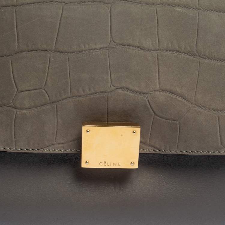 Pre Owned Celine Grey Croc Embossed Leather and Suede Medium Trapeze Top Handle Bag