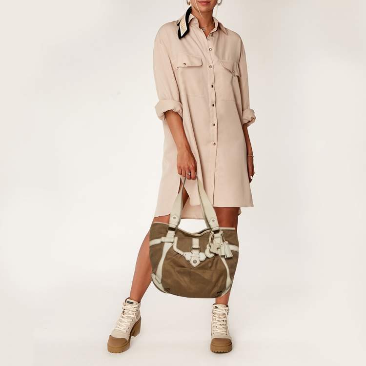 Pre Owned Celine Brown/Light Cream Canvas and Leather Boogie Hobo