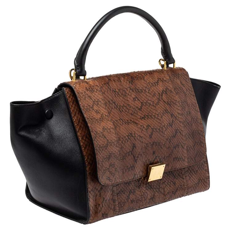 Pre Owned Celine Black/Brown Python and Leather Medium Trapeze Top Handle Bag
