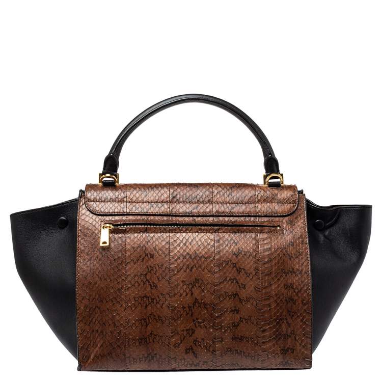 Pre Owned Celine Black/Brown Python and Leather Medium Trapeze Top Handle Bag