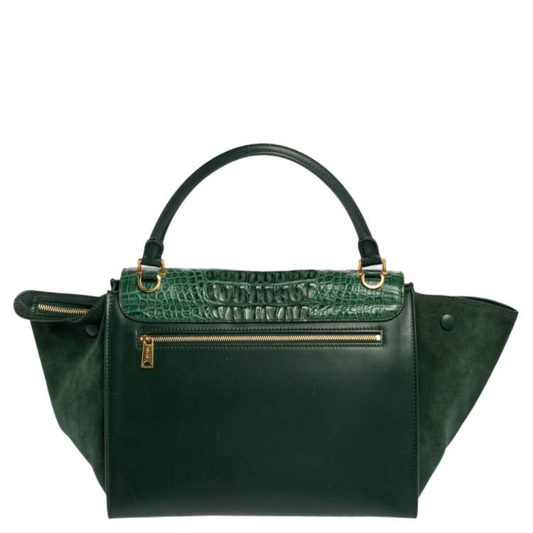 Pre Owned Celine Green Crocodile/Leather And Suede Medium Trapeze Bag