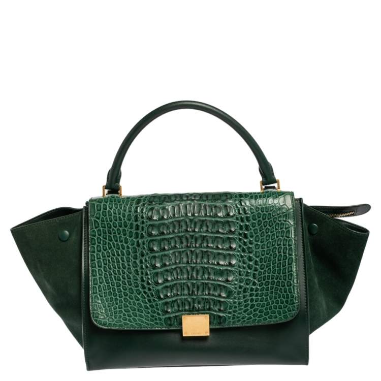 Pre Owned Celine Green Crocodile/Leather And Suede Medium Trapeze Bag