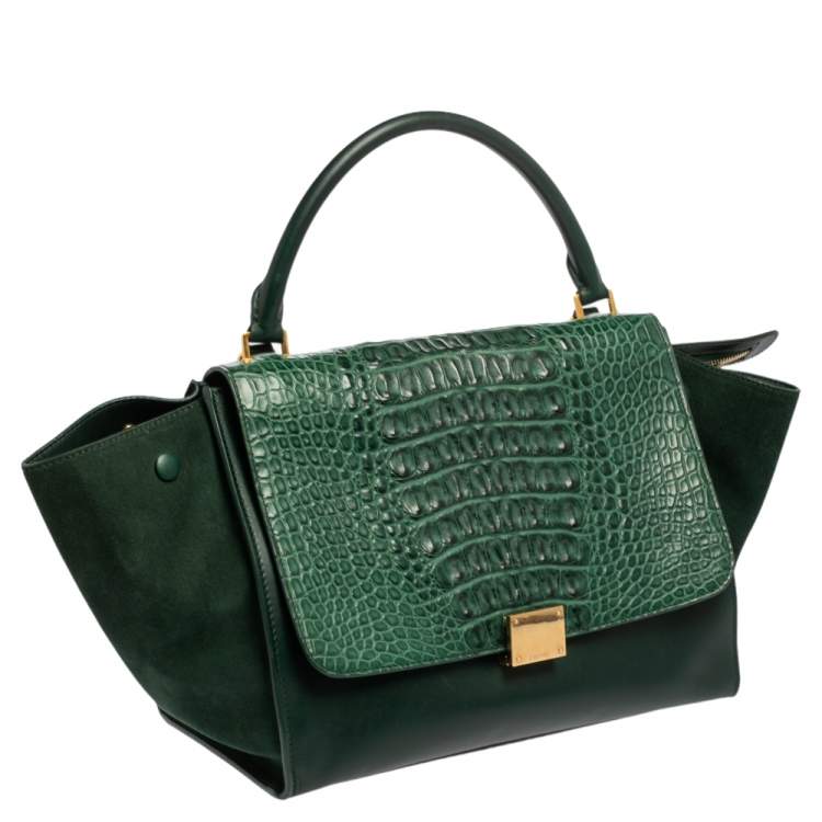 Pre Owned Celine Green Crocodile/Leather And Suede Medium Trapeze Bag